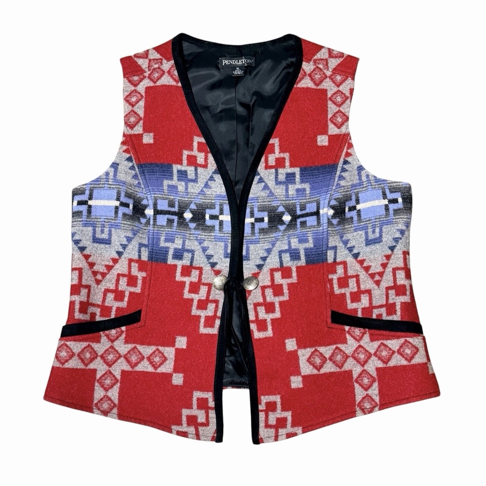 Pendleton Women's XL Virgin Wool Southwestern Vest Leather Concho Red Blue Y2K